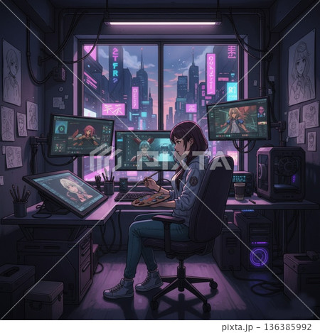 ネオン輝くサイバーパンクな都市を背景に描くデジタル絵師 136385992
