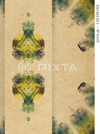 Abstract symmetrical watercolor composition on vintage kraft paper with green and yellow organic shapes. Decorative background for posters, covers, stationery, branding, packaging and creative design  136386168