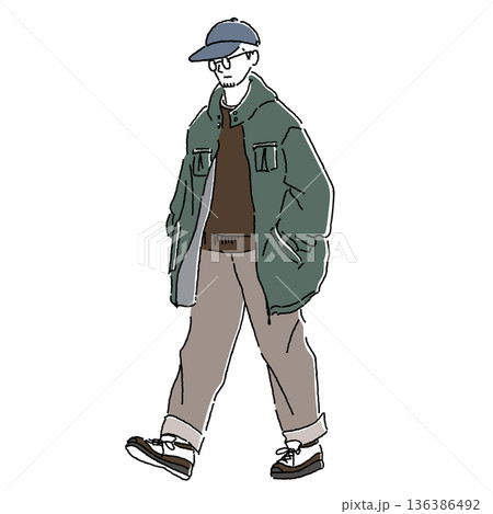 キャップとオーバーサイズジャケットを着て歩く男性のストリートカジュアルファッションカラーイラスト 136386492