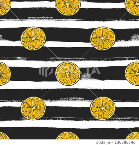Hand drawn illustration of seamless pattern with yellow lemon slices on bold black and white horizontal striped background. Fresh citrus texture in watercolor style for modern textile, wrapping paper 136386546