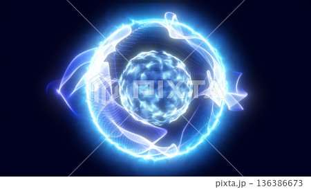 Bright blue energy sphere surrounded by flowing luminous ribbons of particles creating a powerful electric aura Bright blue energy sphere surrounded by flowing luminous ribbons of particles creating a powerful electric aura 136386673