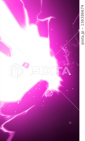 Intense pink and white glowing energy burst with radiant streaks and scattered particles Intense pink and white glowing energy burst with radiant streaks and scattered particles 136386674