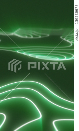 Glowing green laser-like lines forming a surreal flowing landscape with soft illuminated contours 136386678