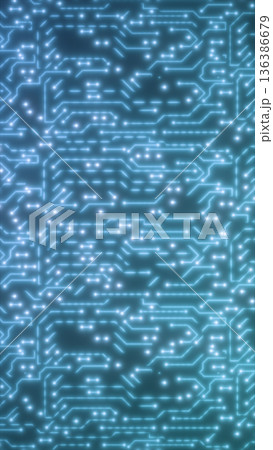 Bright neon blue circuit-like pattern forming a glowing electronic grid across the surface 136386679