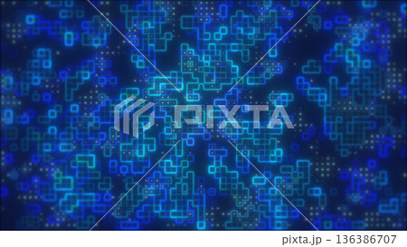 Abstract blue digital circuit-style pattern of glowing squares and dots, symbolizing data networks and advanced technology 136386707