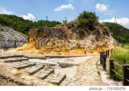 Trail view of Sulfur Valley Geothermal Scenic Area in Beitou of Taipei, Taiwan. Located within Yangmingshan National Park. 136386836