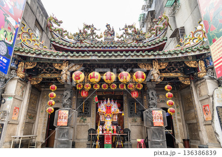 Building view of The Bangka Qingshan Temple in Wanhua of Taipei, Taiwan. Building view of The Bangka Qingshan Temple in Wanhua of Taipei, Taiwan. 136386839