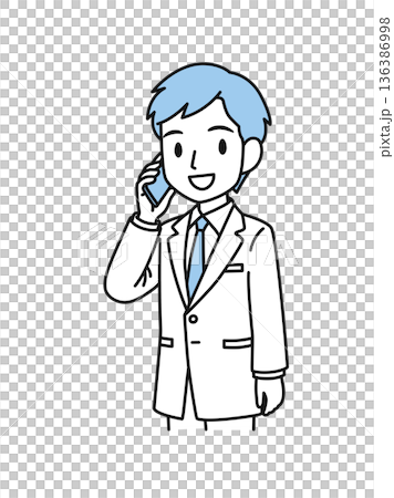 スマホで電話をする白衣姿の医療関係者の男性のイラスト素材 136386998