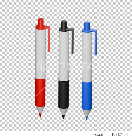 並んでいる3色のボールペンの3Dイラスト|3DCG 並んでいる3色のボールペンの3Dイラスト|3DCG 136387136