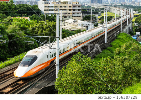 Overlooking view of the Taiwan High Speed Rail trains passing Changhua in Taiwan. It is the only high-speed railway in Taiwan. Overlooking view of the Taiwan High Speed Rail trains passing Changhua in Taiwan. It is the only high-speed railway in Taiwan. 136387229