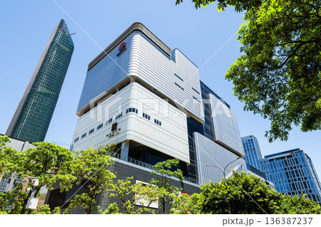 Low-angle view of the FEDS Xinyi A13 in Xinyi of Taipei, Taiwan, the 11th store of the Far Eastern Department Stores company. Low-angle view of the FEDS Xinyi A13 in Xinyi of Taipei, Taiwan, the 11th store of the Far Eastern Department Stores company. 136387237