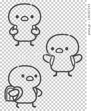 A hand-drawn line drawing of a chick carrying a school bag to and from school 136387243