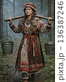 Young ethnic woman carrying water with yoke in forest 136387246