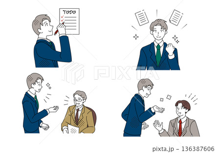 業務確認・タスク管理・社内コミュニケーションを行うビジネスマンのイラストセット 136387606