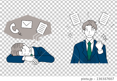 插圖描繪了一位被工作壓得喘不過氣的商人,他正向前走著。 插圖描繪了一位被工作壓得喘不過氣的商人,他正向前走著。 136387607