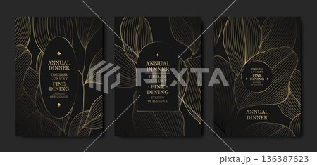 Luxury gold floral line pattern, dark background, elegant leaves, flowers, botanical branches. Minimalist vector invitation design, wedding, gala, birthday, or anniversary cards, Japanese elegance. Luxury gold floral line pattern, dark background, elegant leaves, flowers, botanical branches. Minimalist vector invitation design, wedding, gala, birthday, or anniversary cards, Japanese elegance. 136387623
