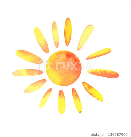 Childlike sun drawing. Hand-painted watercolor illustration isolated on white. Perfect for kids design, children books, education materials, posters, stickers, cheerful kids branding projects Childlike sun drawing. Hand-painted watercolor illustration isolated on white. Perfect for kids design, children books, education materials, posters, stickers, cheerful kids branding projects 136387963