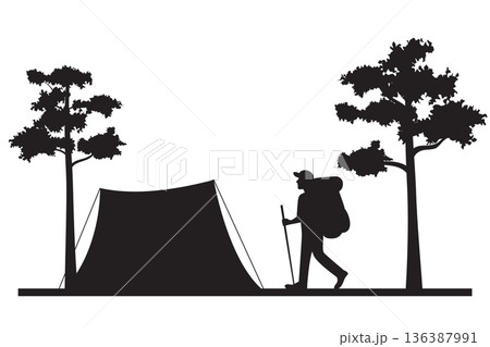 Hiker Silhouette and camping tent in forest 136387991