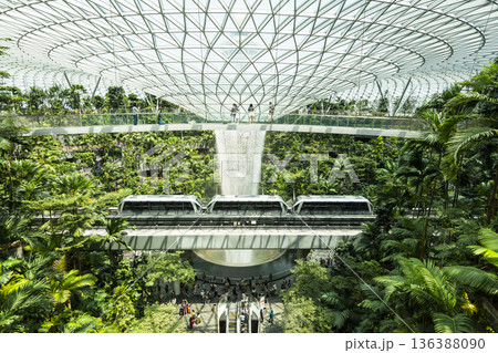 The Skytrain passes through the Rain Vortex at Jewel Changi Airport, Singapore. The world's largest and tallest indoor artificial waterfall, surrounded by a terraced forest. 136388090