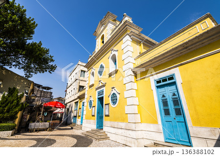 View of St. Francis Xavier's Church in Coloane, Macau. This chapel follows the baroque style of Macao's major churches. 136388102