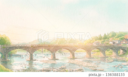耶馬溪橋、水彩で描いたアーチ橋 136388133