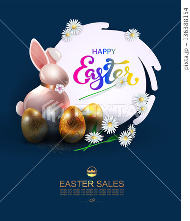 Happy Easter. A festive blue card with a porcelain bunny and golden Easter eggs 136388154