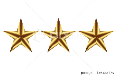 Three metallic gold star rating icon isolated on transparent background 136388175