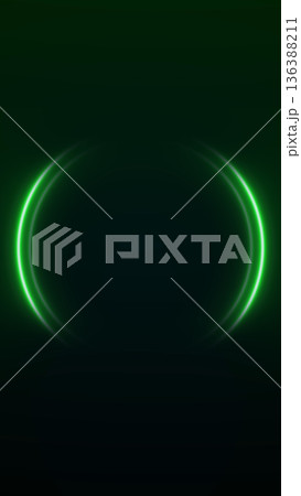 Glowing green neon ring light on dark background forming minimal futuristic circle frame. Abstract energy halo, clean digital technology glow, modern sci fi illumination concept. 136388211
