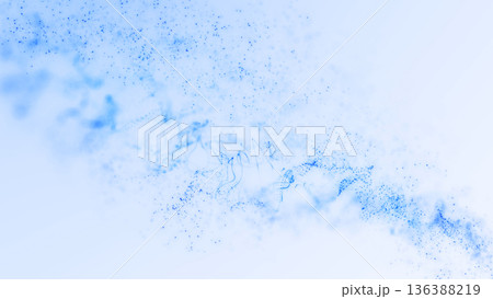Soft blue particles forming abstract flowing waves over bright clean background. Minimal futuristic energy with smooth dispersion, glowing depth and calm modern digital atmosphere. 136388219