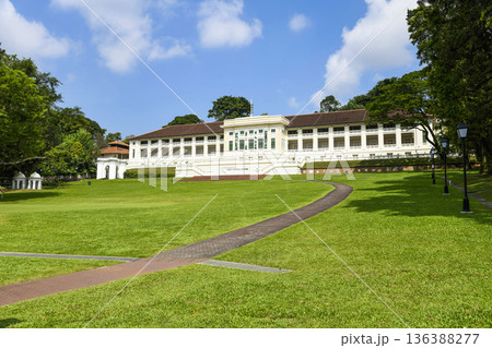 Building view of the Fort Canning Arts Centre atop the hill at Fort Canning Park, Singapore, originally constructed as British army barracks in 1926. 136388277