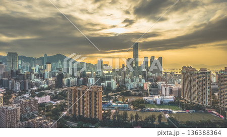Feb 1 2026 Warm Sunset Illuminates Yau Tsim Mong Skyline And Harbour 136388364