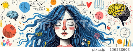 Dreamy woman surrounded by vibrant mind maps...のイラスト素材 [136388608] - PIXTA