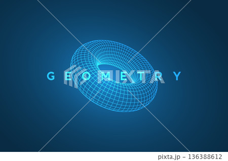 Abstract vector illustration of a blue wireframe torus or donut shape with digital grid mesh. Mathematical 3D model representing geometry, technology and science concepts. 136388612