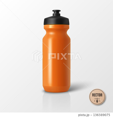 Vector 3d Realistic Orange Sports Water Bottle Mockup Isolated. Blank Plastic Cycling Water Bottle with Black Cap. Water Bottle Template. Vector Sport Bottle for Fitness, Gym, Branding, Packaging Vector 3d Realistic Orange Sports Water Bottle Mockup Isolated. Blank Plastic Cycling Water Bottle with Black Cap. Water Bottle Template. Vector Sport Bottle for Fitness, Gym, Branding, Packaging 136389075