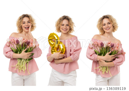 Girl with flowers and golden number 8, isolated, PNG 136389119