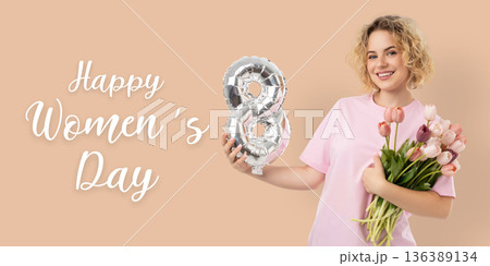 Girl holds flowers and balloons while celebrating Women's Day Girl holds flowers and balloons while celebrating Women's Day 136389134