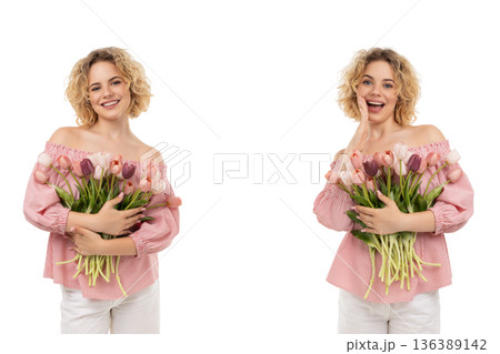 Girl holding tulips smiling and celebrating Women's Day, isolated, PNG 136389142