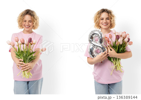 Girl holding flowers and a balloon in the shape of 8, isolated, PNG Girl holding flowers and a balloon in the shape of 8, isolated, PNG 136389144