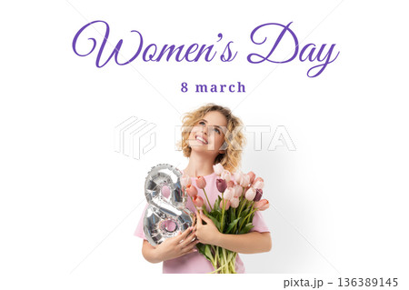 Woman with flowers and a balloon for Women's Day, isolated, PNG 136389145