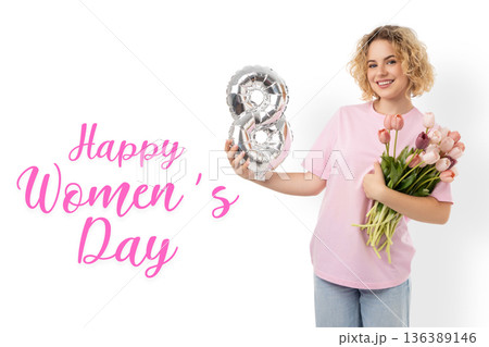Girl holding flowers and balloon while celebrating, isolated, PNG Girl holding flowers and balloon while celebrating, isolated, PNG 136389146