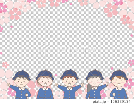 Frame of cherry blossoms and children in school uniforms, entrance and graduation 136389154