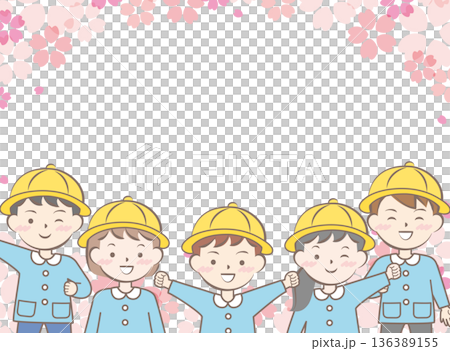 Frame of cherry blossoms and children in school uniforms, entrance and graduation 136389155