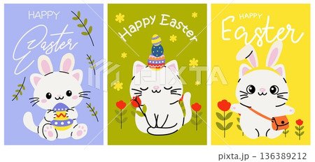 Happy Easter Cat Greeting Card Set Cute Cartoon Style Happy Easter Cat Greeting Card Set Cute Cartoon Style 136389212