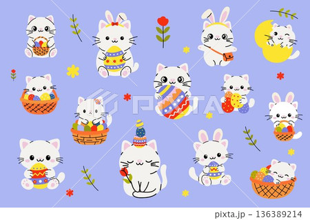 Adorable Easter Cats and Eggs Seamless Pattern 136389214