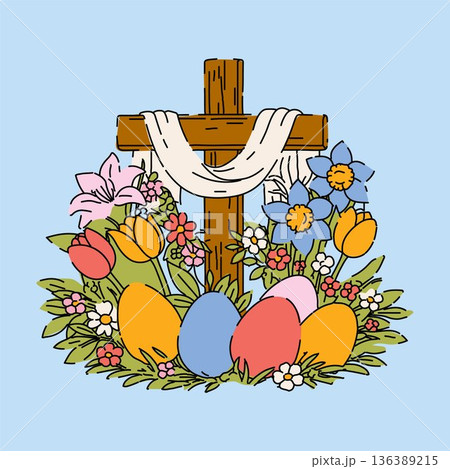 Christian Easter Cross Decorated with Spring Flowers 136389215