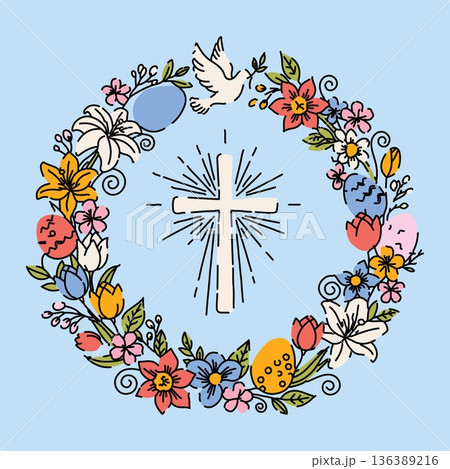 Christian Easter Wreath with Cross Dove and Flowers Christian Easter Wreath with Cross Dove and Flowers 136389216