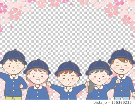 櫻花盛開的畫面，身穿校服的孩子們，入學和畢業典禮 136389233