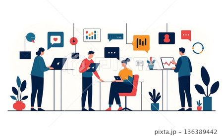modern flat vector illustration of people working creatively with technology 136389442