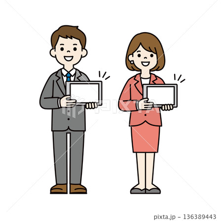 タブレットの画面を見せて説明する若い男女のビジネスパーソンの全身ベクターイラスト素材セット タブレットの画面を見せて説明する若い男女のビジネスパーソンの全身ベクターイラスト素材セット 136389443