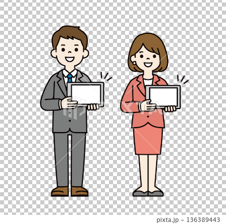 タブレットの画面を見せて説明する若い男女のビジネスパーソンの全身ベクターイラスト素材セット タブレットの画面を見せて説明する若い男女のビジネスパーソンの全身ベクターイラスト素材セット 136389443